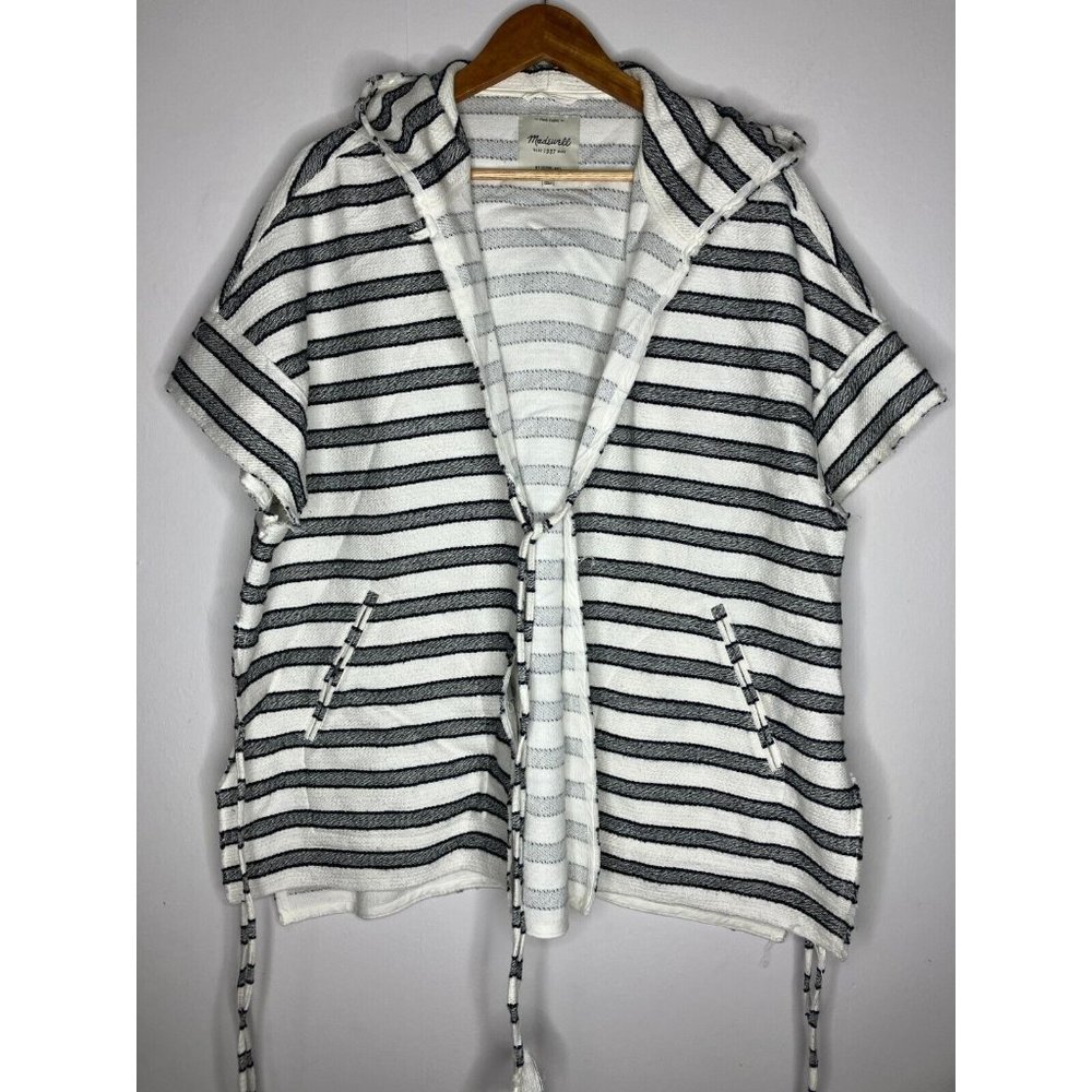 Madewell Beach Short Sleeve Striped Hoodie Tie Front Grey White Large